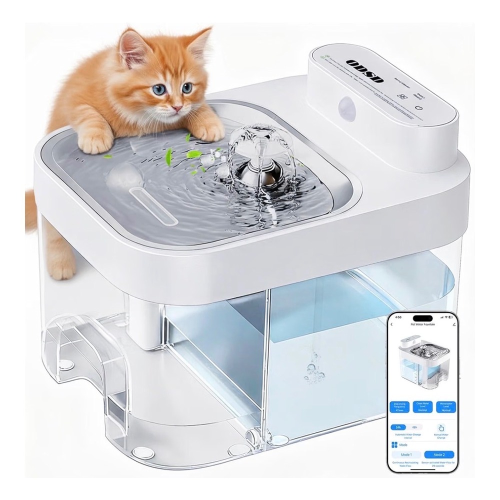 ODSD Smart Cat Water Fountain 3L Clean 1.35L Waste Tank Battery Powered White